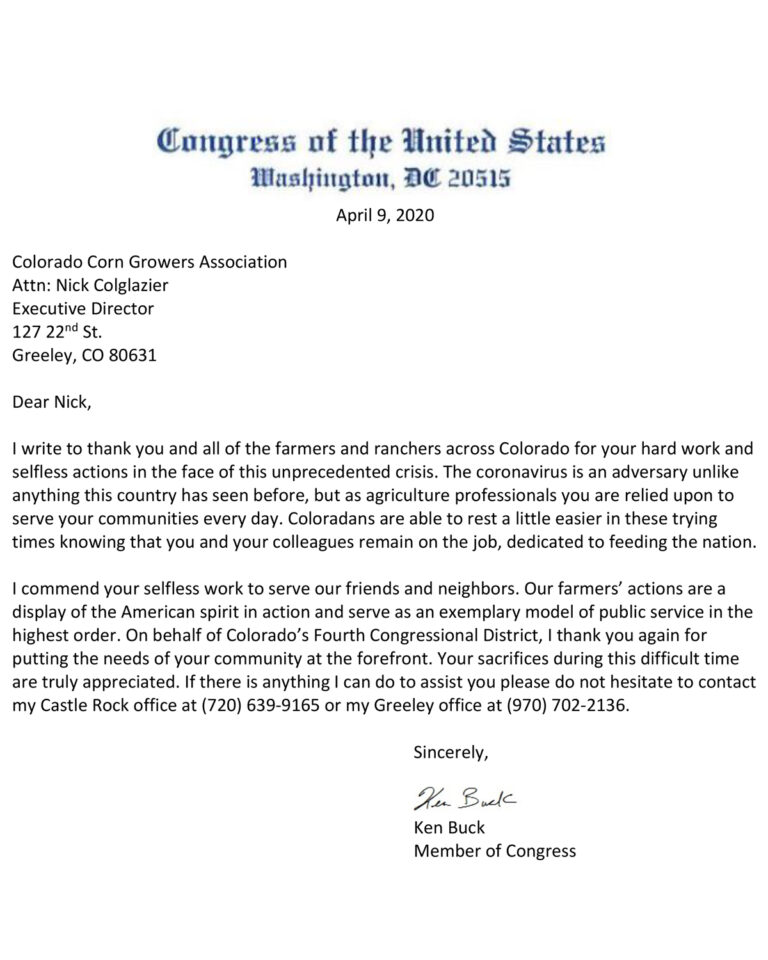 Rep. Buck Sent a Letter to the Growers Association - Colorado Corn ...